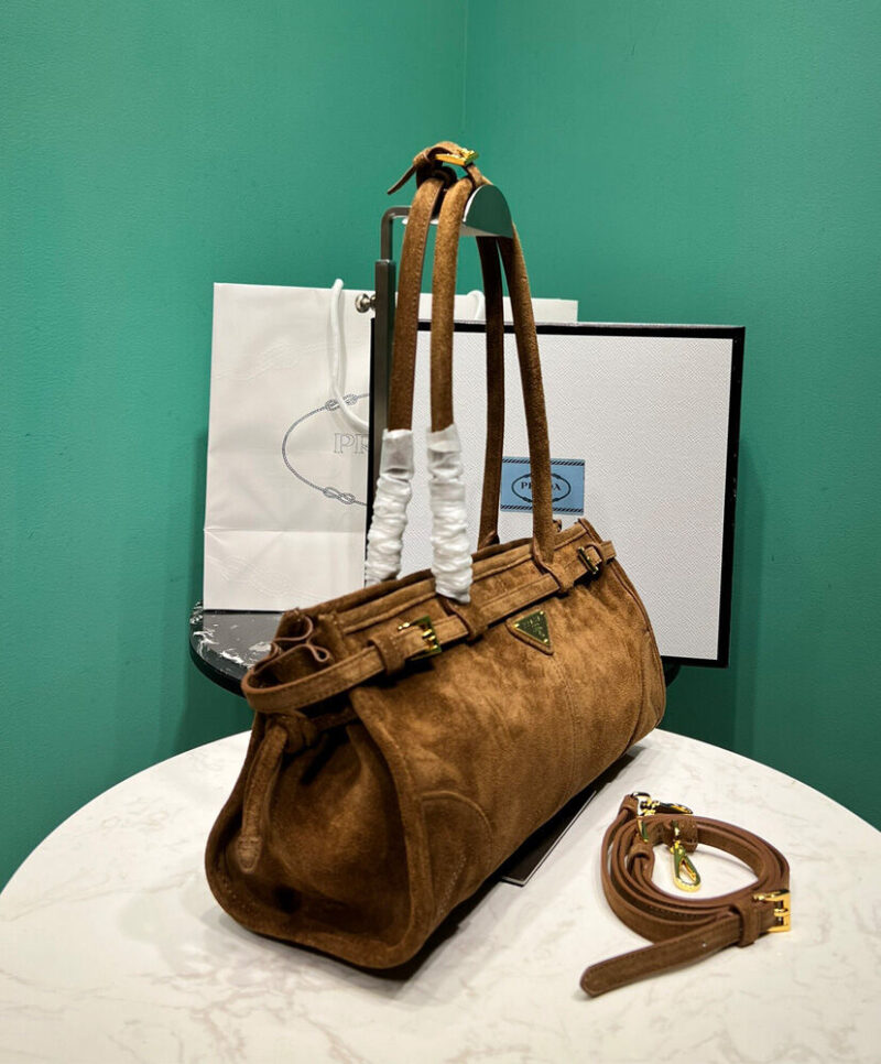 Prada Medium Suede Handbag 1BA426 Coffee